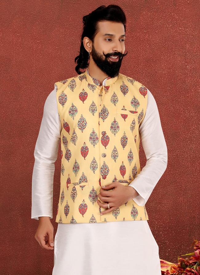 Cotton Print Biege Festival Wear Embroidery Work Readymade Men's Waist Coat